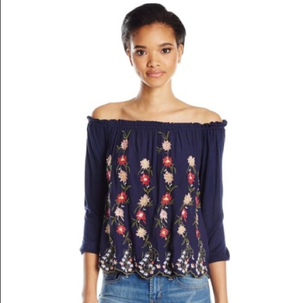 Lucky Brand Navy Floral Embroidered Top
